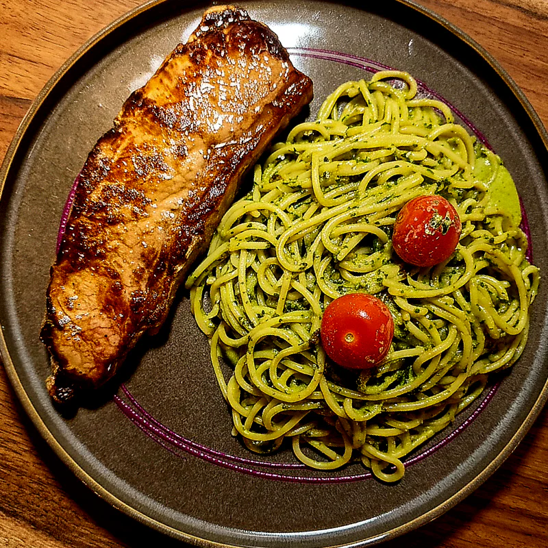 Espagueti Pesto con Lomo a la Plancha